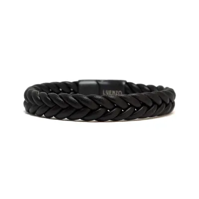 Luenzo matte black genuine leather chevron pattern bracelet