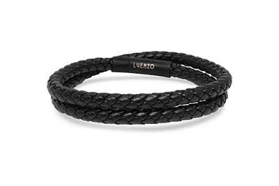 Luenzo matte black genuine leather double wrap single clasp bracelet