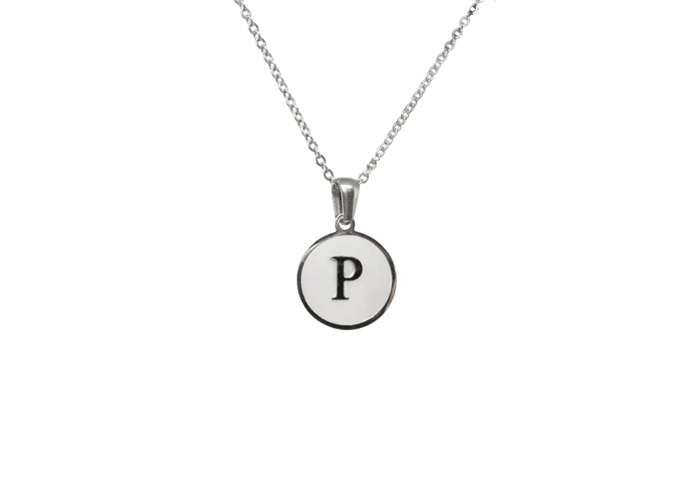 Luenzo stainless steel initial necklace ""p"" with mother of pearl inlay