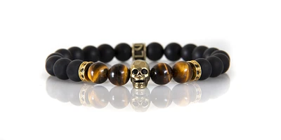 Luenzo black onyx and tiger eye with gold skull bracelet