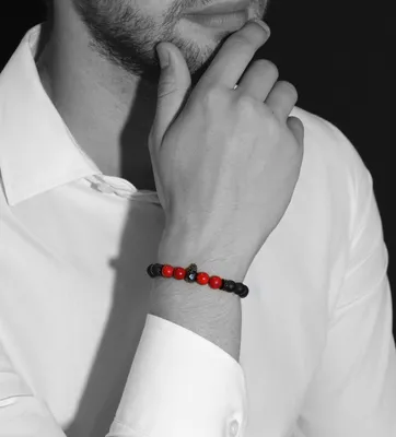 Luenzo black onyx and red black jade with gunmetal skull bracelet