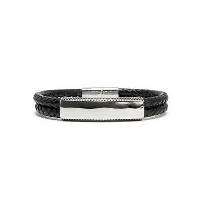 Luenzo black genuine leather bracelet with stainless steel id accent