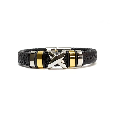 Luenzo black genuine leather bracelet with stainless steel x accent