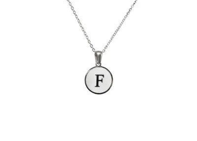 Luenzo stainless steel initial necklace ""f"" with mother of pearl inlay