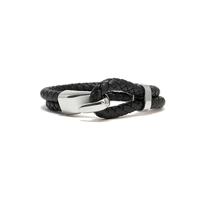 Luenzo black genuine leather bracelet with stainless steel hook closure