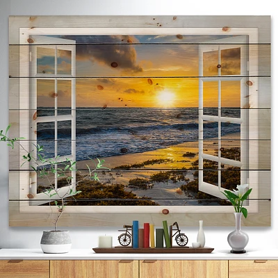 Open window to bright yellow sunset wood wall art - 20x15