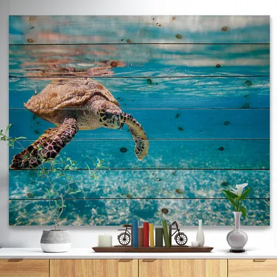 Large hawksbill sea turtle wood wall art - 44x34