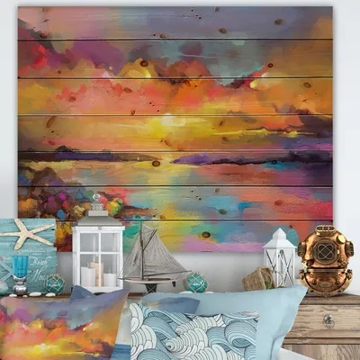 Sunset painting with colorful reflections i wood wall art