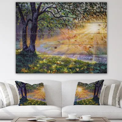 Dawn sunshine light by the river wood wall art