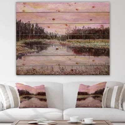 Still life with pink sky river reeds and forest wood wall art - 20x15