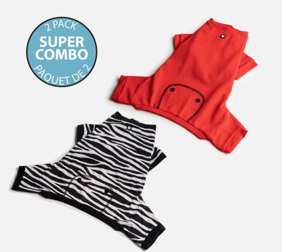 Dog's pack of 2 pyjamas by silverpaw - zebra print and red waffle - 2xl