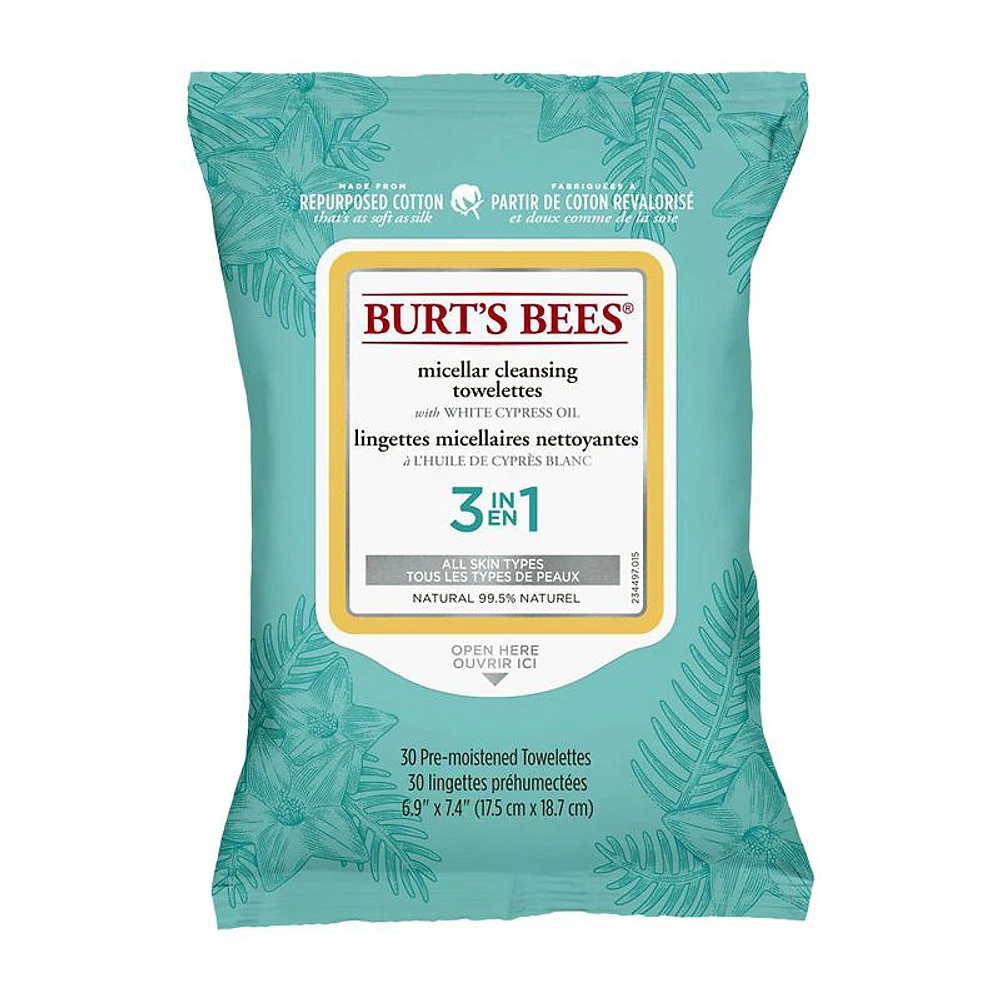 Burt's Bees 3-in-1 Micellar Cleansing Towelettes - White Cyprus Oil - 30s