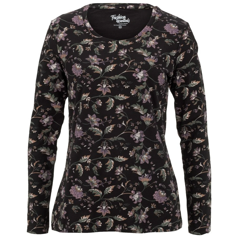Fashion Essentials Women's Long Sleeve Solid Printed Tshirt - S-XL - Floral - Assorted