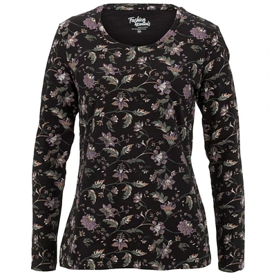 Fashion Essentials Women's Long Sleeve Solid Printed Tshirt - S-XL - Floral - Assorted