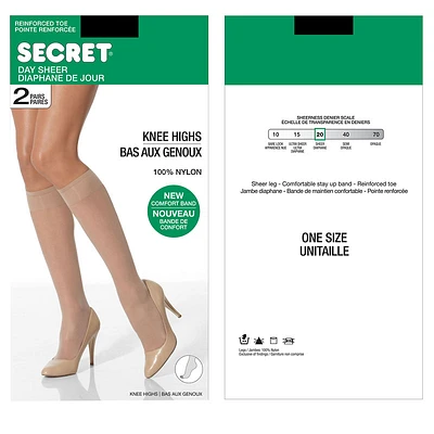 Secret Knee Highs with Reinforced Toe - One Size - Black - 2 pair