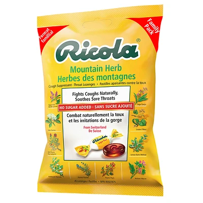 Ricola Cough Suppressant Throat Lozenges - Mountain Herb No Sugar Added - 45s