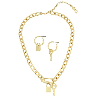 Steve Madden Two Piece Lock & Key Necklace Set - Gold
