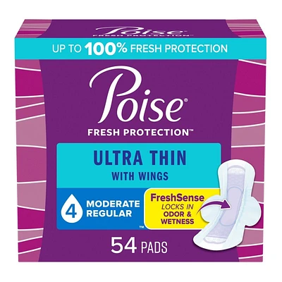 Poise Ultra Thin Regular Length Incontinence & Postpartum Pads With Wings - Medium Absorbency - 54 Count