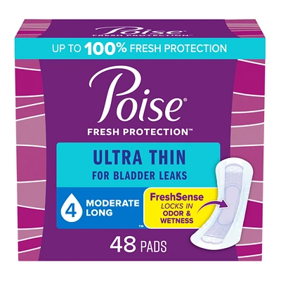 Poise Ultra Thin Incontinence & Postpartum Long Pads - Moderate Absorbency - 48 Count