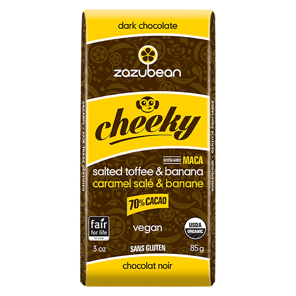 Zazubean Cheeky Dark Chocolate Bar - Salted Toffee and Banana - 85g