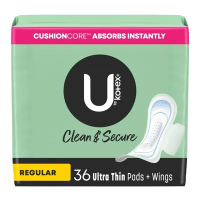 U by Kotex Clean & Secure Ultra Thin Pads with Wings - Regular Absorbency - 36 Count