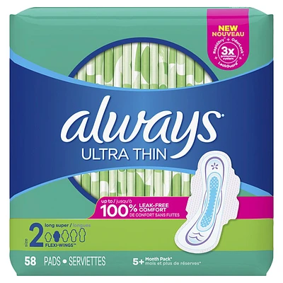 Always Ultra Thin Sanitary Pads - Long Super - Size 2 - 58's