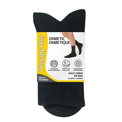 TherapyPlus Men's Diabetic Casual Crew Socks - Shoe Size 7-12 - Black - 2 pairs