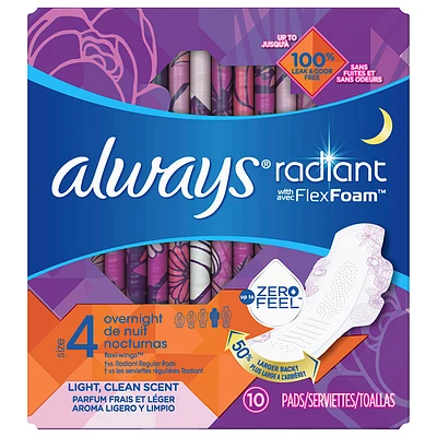 Always Radiant Size 4 Overnight Pads with Wings - 10s