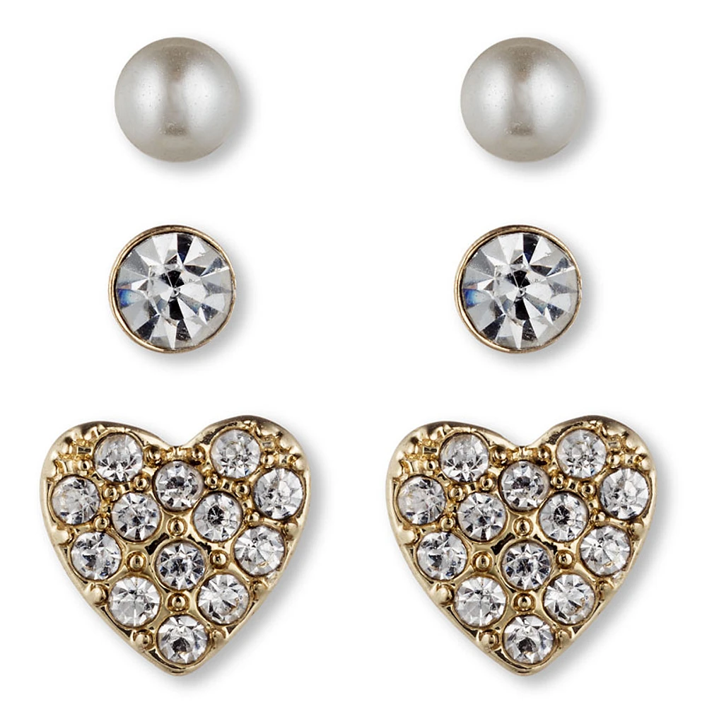 Lonna & Lilly Heart and Pearl Stud Earrings Trio - Gold Tone