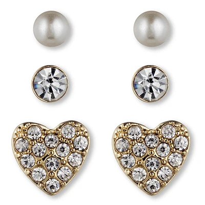 Lonna & Lilly Heart and Pearl Stud Earrings Trio - Gold Tone