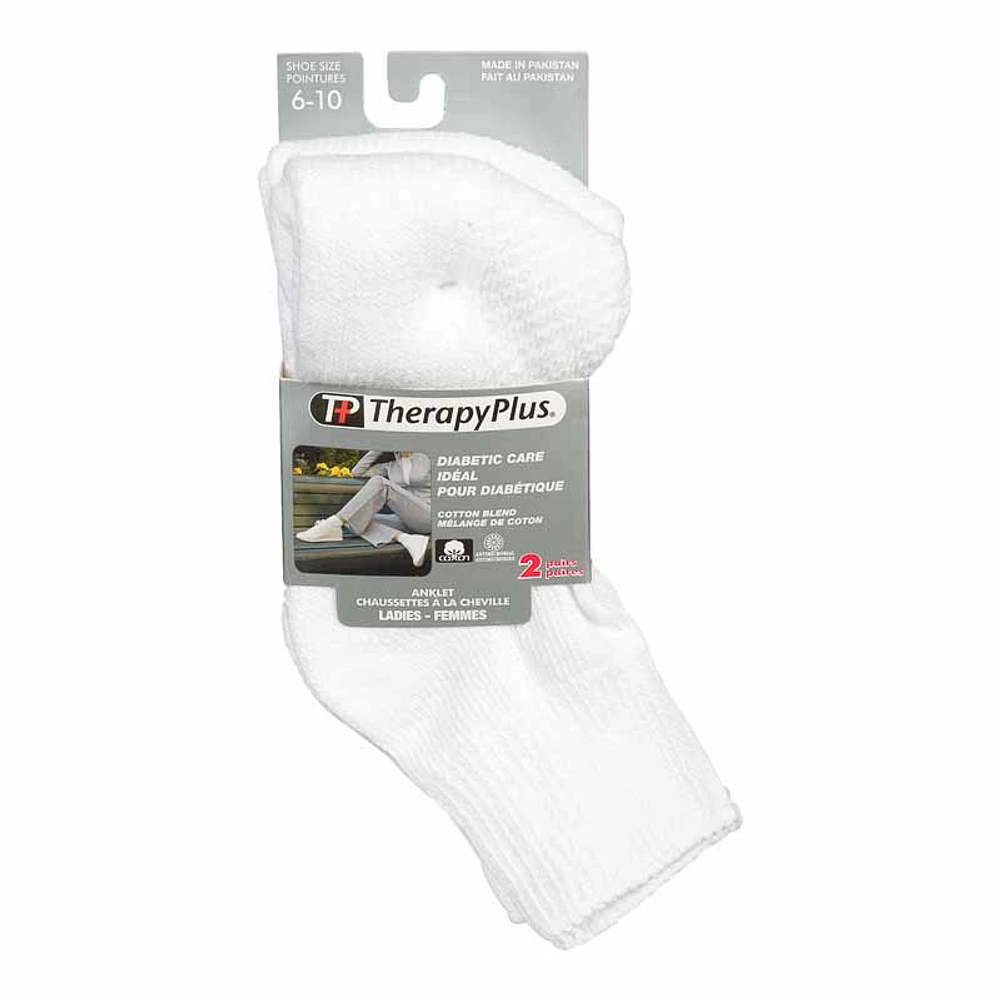 TherapyPlus Women's Diabetic Anklet Socks - Shoe Size 6-10 -White - 2 pairs