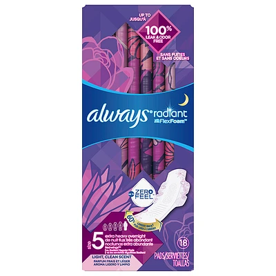 Always Radiant Size 5 Extra Heavy Overnight Pads - 18's