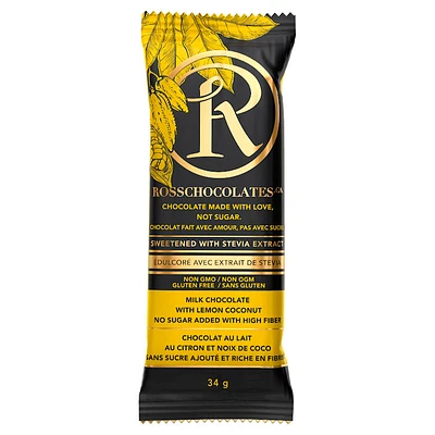 RossChocolates Sweetened with Stevia Bar - Milk Chocolate with Lemon Coconut - 34g