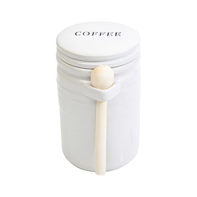 Meritage Stoneware Coffee Canister with Wooden Spoon - White - 8 Inch