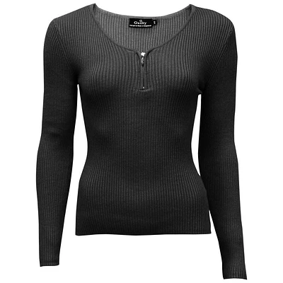 Guilty Ribbed V-Neck with Zipper Ladies Top