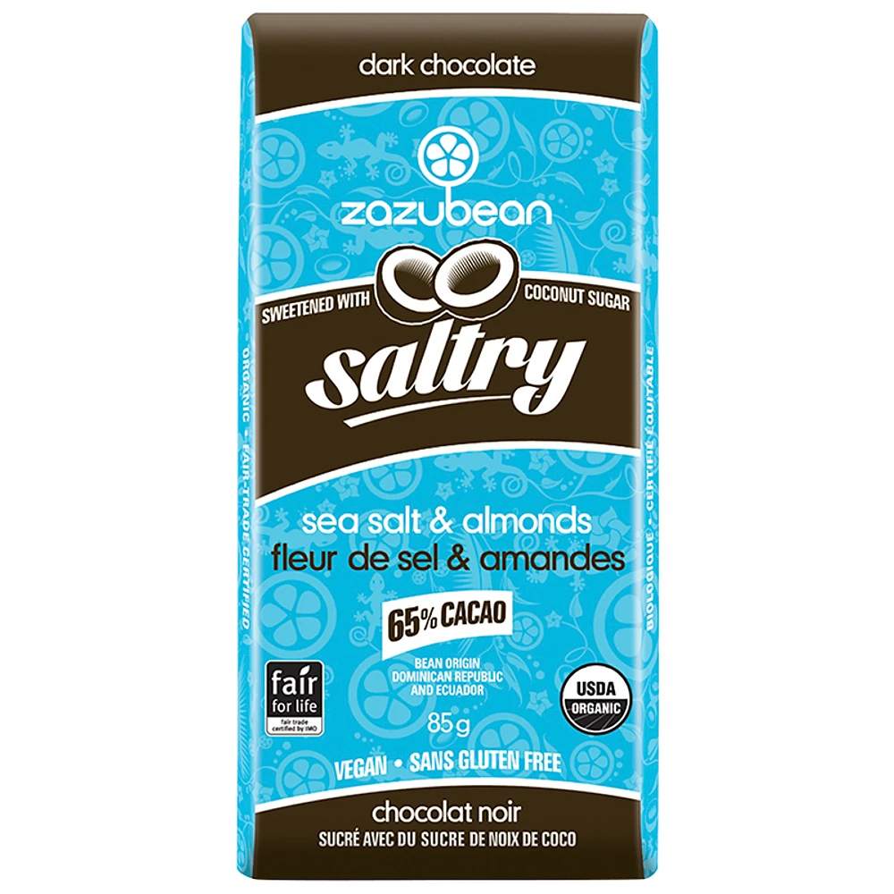 Zazubean Saltry Dark Chocolate Bar - Sea Salt and Almonds - 85g