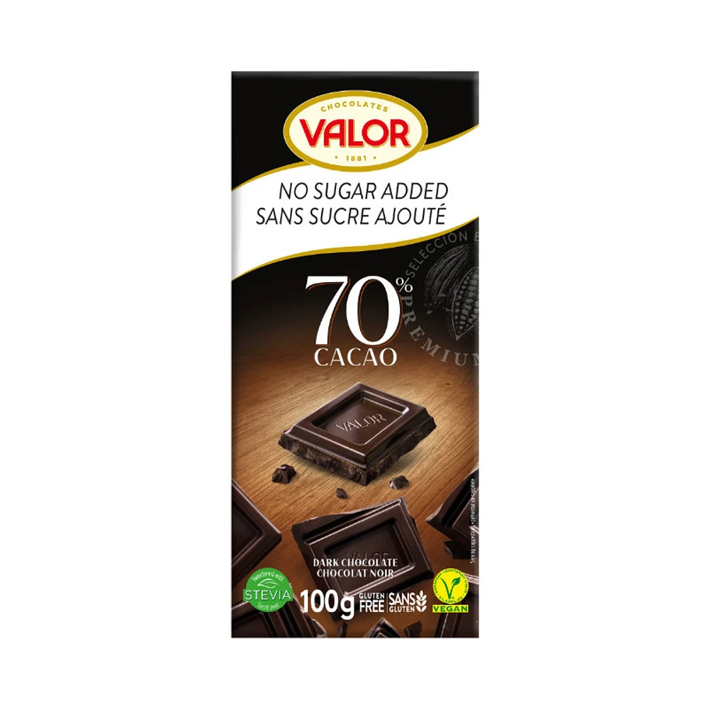 Valor 70% Dark Chocolate - No Sugar Added - 100g