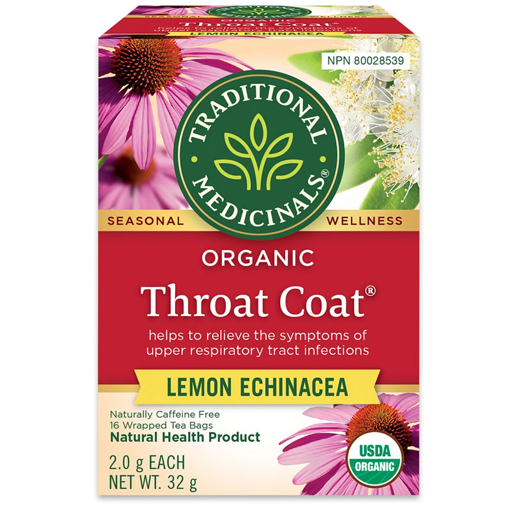 Traditional Medicinals Organic Throat Coat Wrapped Tea Bags - Lemon Echinacea - 16's