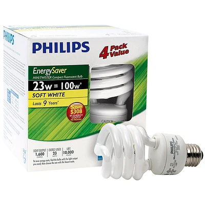 Philips Energy Saver 23w Minitwister CFL Bulb - Soft White - 4 pack