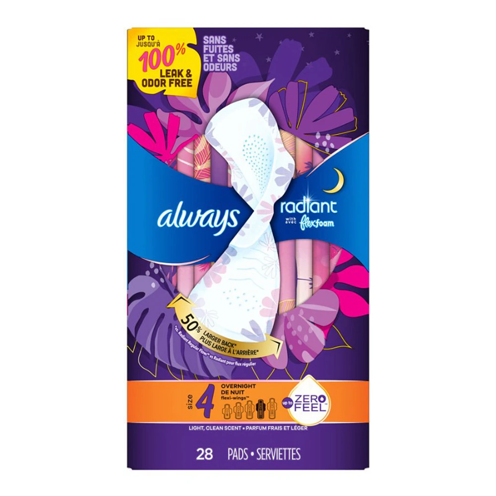 Always Radiant Sanitary Pads - Overnight - Size 4 - 28's