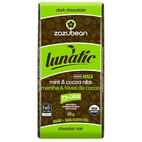 Zazubean Lunatic Dark Chocolate Bar - Mint and Cocoa Nibs - 85g