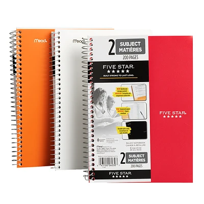 Mead Five Star Two Subject Notebook - 9.5 x 6 inch - 200 page - Assorted Colours