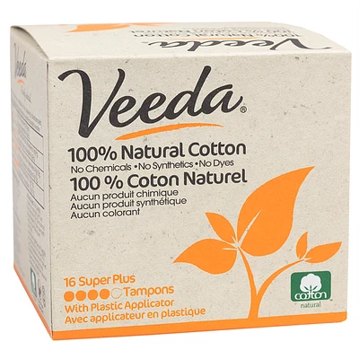 Veeda 100% Natural Cotton Tampons - Super Plus - 16s
