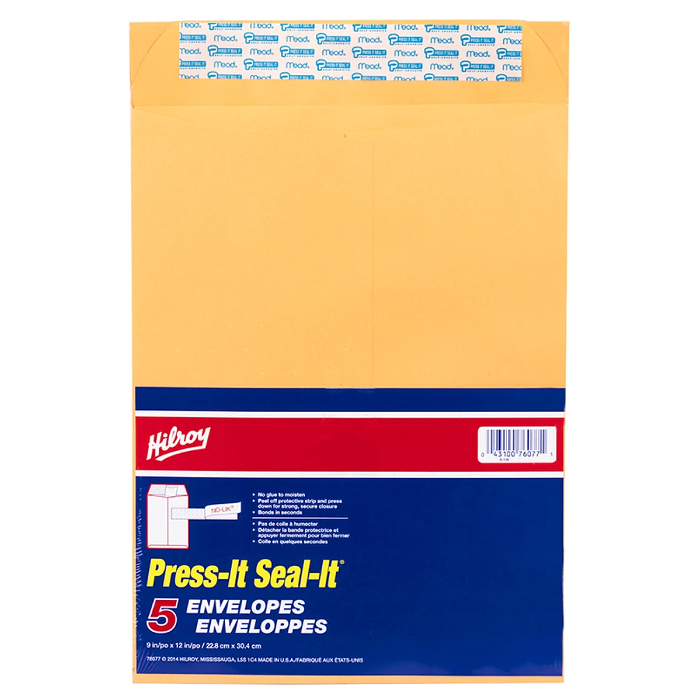 Hilroy Press It Seal It Envelopes - 9 x 12 inch - 5 pack