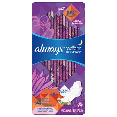 Always Radiant Overnight Pads - Size 4 - 20's