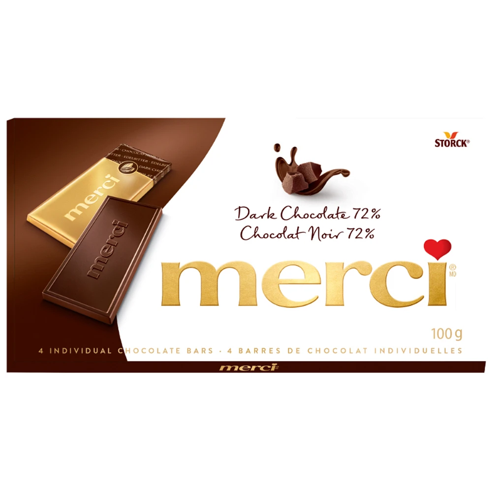 Merci Chocolate - 72% Dark Chocolate - 4 Bars/100g