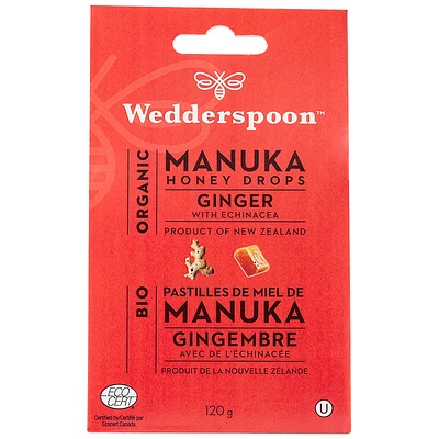 Wedderspoon Organic Manuka Honey Drops- Ginger with Echinacea - 120g