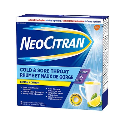NeoCitran Cold & Sore Throat Night - Lemon - 10s