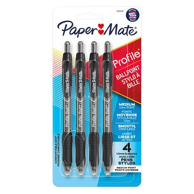 Papermate Profile 1.0mm Ball Point Pens - Black - 4 pack