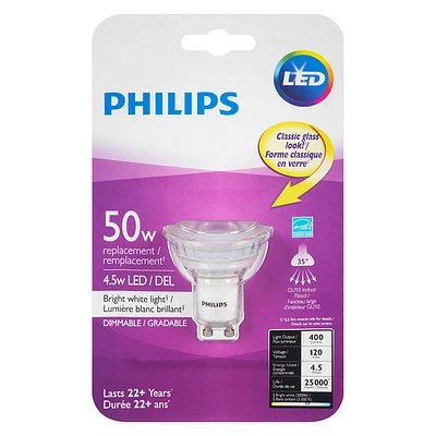 Philips GU10 LED Light Bulb - Bright White - 4.5w/50w